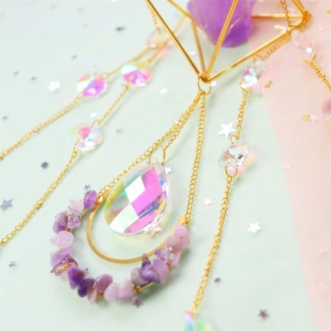 Amethyst Suncatcher Crystal Boho Decor, St Valentine's Day Gift Spiritual, Purple Gemstone Sun Catcher Hanging for Windows, Birthstone Hanging, Raw Stone (Amethsyt)