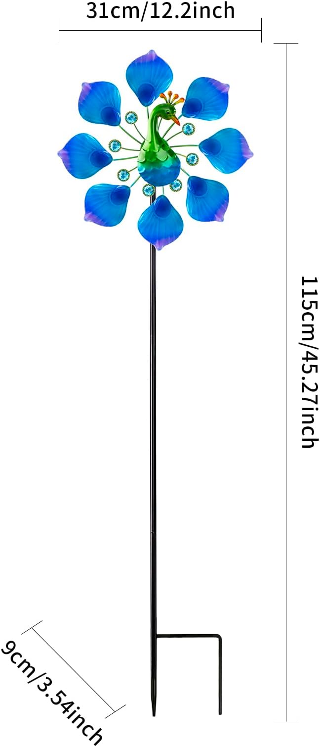 44" Peacock Garden Wind Spinners - Metal Outdoor Stakes Kinetic Wind Spinner Windmills Decor, Wind Sculpture Yard Art Decorations for Patio, Lawn & Garden