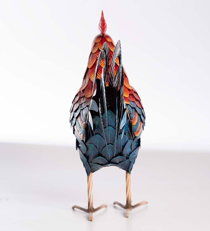 Wind & Weather Colorful Iron Rooster Garden Statue 14.5" W by 16" H by 6" D Rooster Statue for Garden, Patio, Porch, or Kitchen with Textured Feathers and Powder Coat Finish for Long-Lasting Color