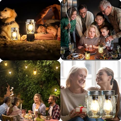 MJ PREMIER Cordless Mason Jar LED Lanterns (2-Pack) - Warm Light, Auto Timer