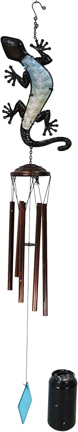 Ebros Gift Green Yellow Blue Camouflage Gecko Lizard Whimsical Copper Metal Wind Chime 40" Long Resonant Noisemaker Outdoor Patio Garden Hanging Mobile Cottage Cozy Nook Decor Accessory