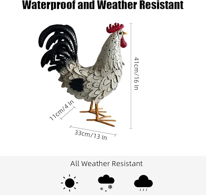 Metal Rooster Yard Decor,16 in Outdoor Chicken Statue Decoration for Patio Lawn Garden,3D Rooster Garden Statues,Chicken Yard Art Sculpture Outdoor Figurines,Metal Chicken Decor,1 Pcs (White)