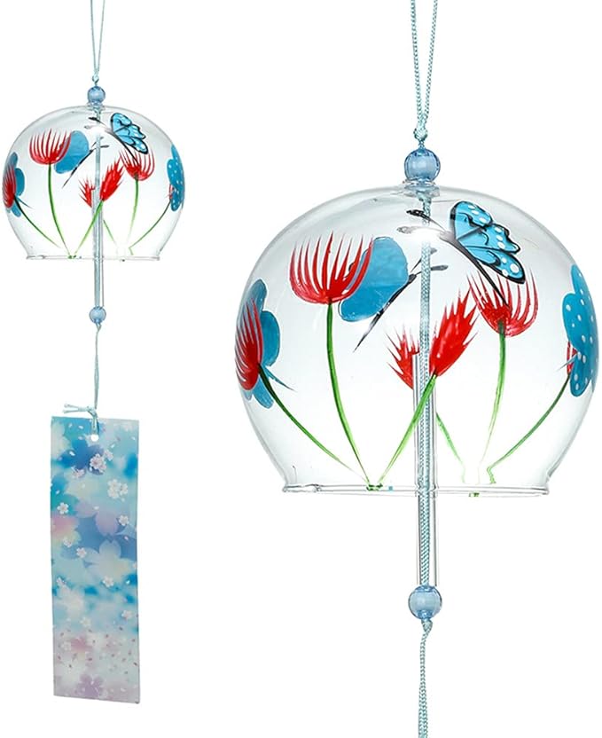 Falytemow Japanese Wind Chimes Romantic Flowers Small Wind Bells Handmade Glass Japanese Style Pendant for Birthday Present Home Decors (Yellow Flower, Chrysanthemum, Butterflies, Fireworks, 8 cm)