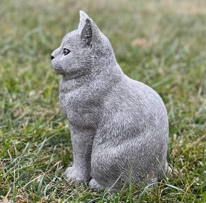 Grey cat Statue Stone cat Figurine Tabby cat Sculpture Outdoor Lawn Ornament Backyard Decor Concrete Cat Memorial Decoration