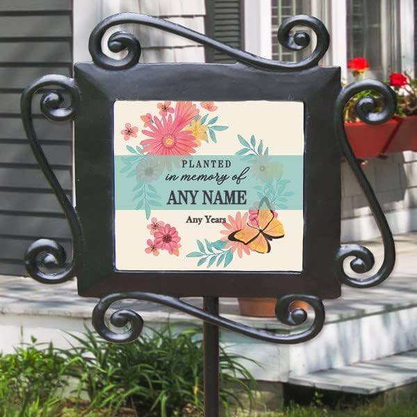 GiftsForYouNow Personalized Planted in Memory of Garden Stake, 28” by 8.5”, Wrought Iron Stake with Decorated Tile, Front Yard Garden in Memory of