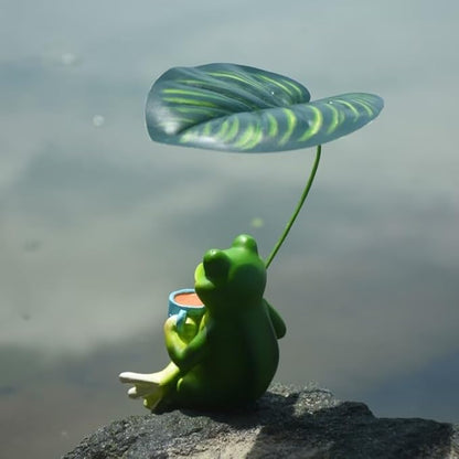 Adorable Animal Garden Statue with Umbrella - Charming Outdoor Decor for Yard, Patio, or Garden (Frog Drink Coffee)