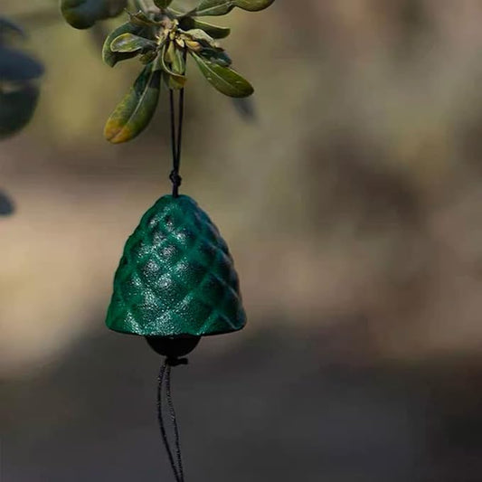 Japanese Lucky Pine Cones Small Wind Chimes Outdoor, Iwachu Cast Iron Temple Wind Bell Memorial and Sympathy Wind Chimes for Outside or Indoor Good Luck for Garden, Patio, Balcony(Green Pine Cones)