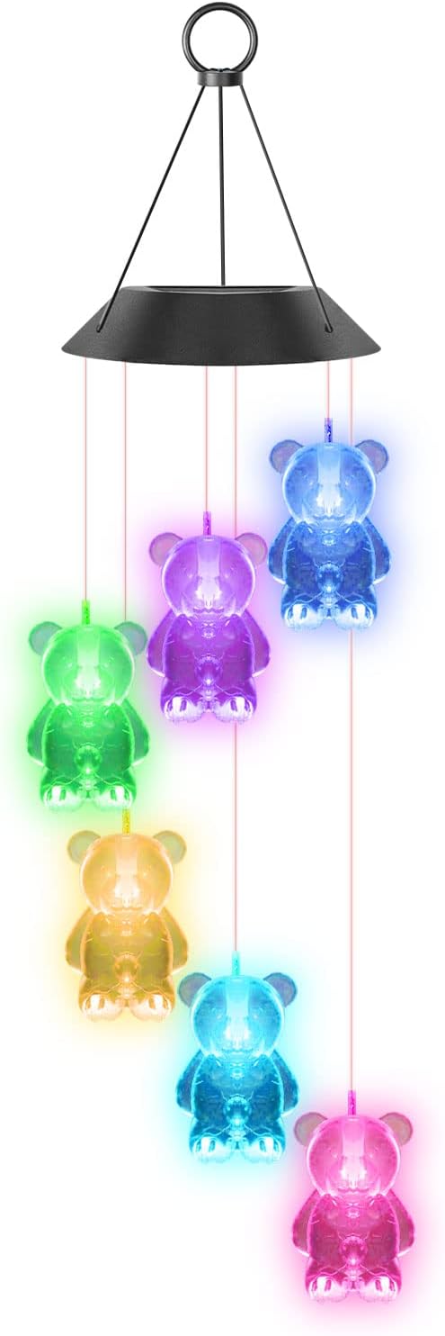 Solar Wind Chimes for Outside,32 Inch Waterproof Solar Powered Wind Chimes Bear Color Changing Outdoor Lights for Window Yard Garden Xmas Decor Mom Grandma Gift