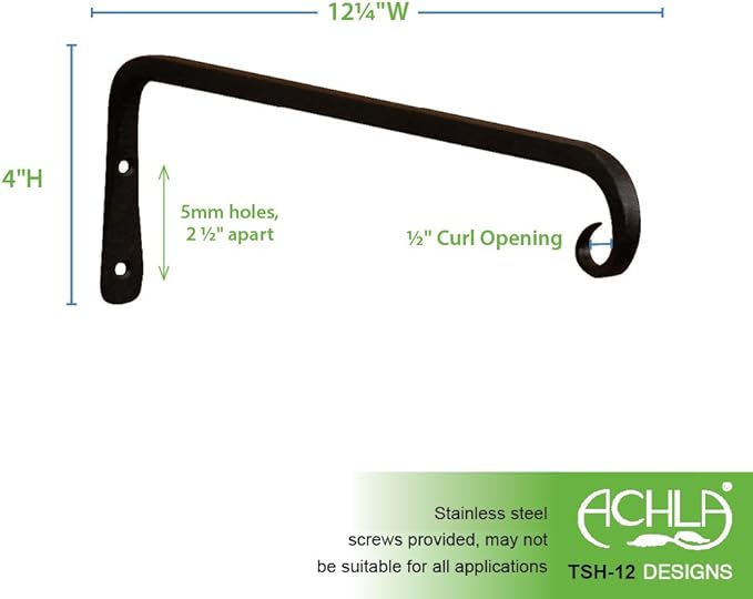 Achla Designs Straight Downcurled Wall Bracket Hook, 12-inch (TSH-12) Black (Pack of 2)
