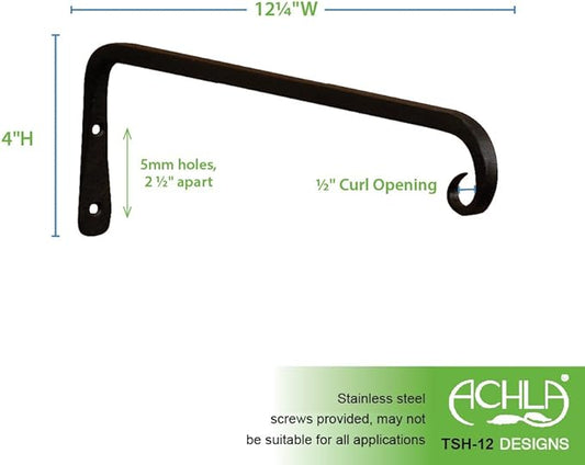 Achla Designs Straight Downcurled Wall Bracket Hook, 12-inch (TSH-12) Black (Pack of 2)