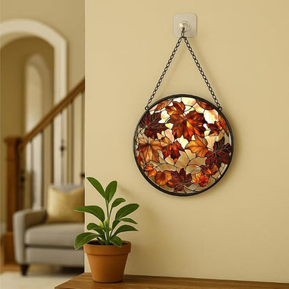 Round Colorful Maple Leaves Stained Glass Window Hanging Panel – Autumn Fall Suncatcher Wall Art for Home Window Decor and Gift