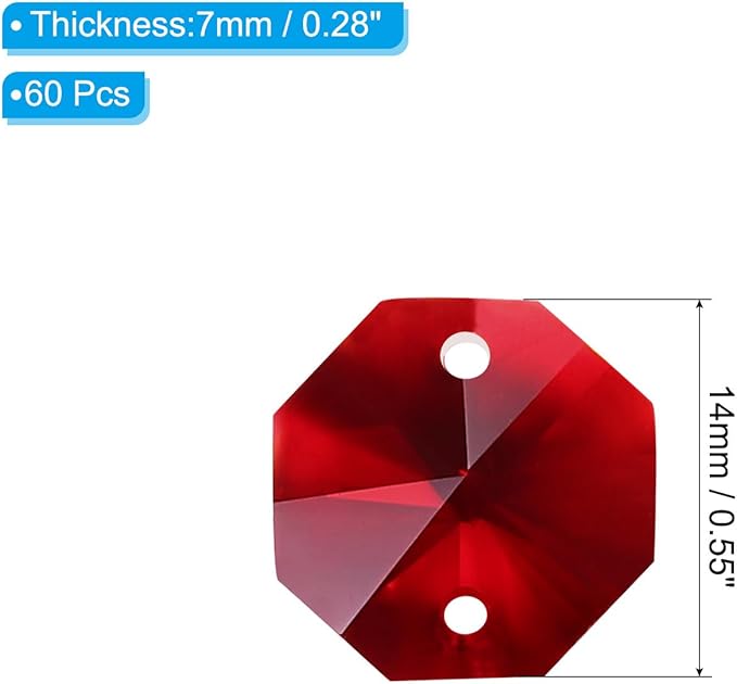 PATIKIL K9 Crystal Octagon Beads 2 Holes Pendants, 60 Pack 14mm Chandelier Prisms Parts Ornaments Hanging Beads for DIY Arts Crafts Decoration, Dark Red
