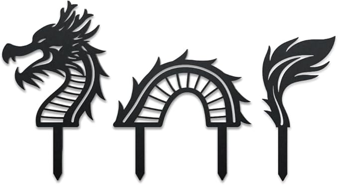 WADORN 3 Styles Dragon Metal Decorative Garden Stakes, Funny Chinese Dragon Metal Silhouette Statues Animals Garden Ornament Gifts Black Yard Art Decoration for Outdoor Backyard Patio Lawn Walkways