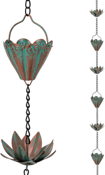 Lotus Rain Chains for Gutters, Rain Chains with 8 Cups, Adjustable Rain Catcher Chain for Outside, Replacement Downspout for Gutters, Eaves, Drainage