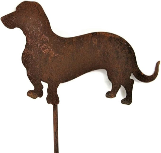 Pets and Farm Animals Metal Garden Landscape Stake (9.25" Wide Wiener Dog on Stake, Naturally Rusted)