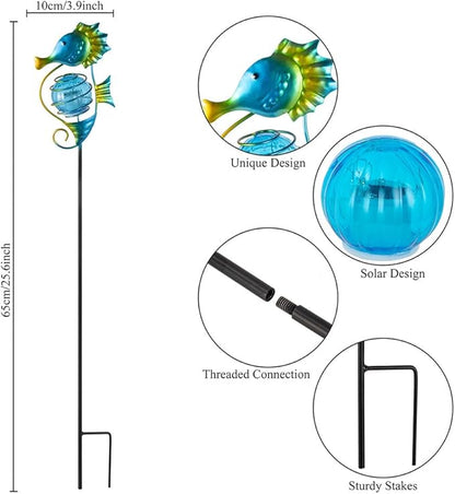 Solar Lights Outdoor 2 Pack, Metal Garden Decorative Stake Solar Lights Blue Seahorse Decor for Garden, Pathway, Lawn, Patio, Yard