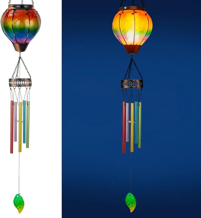 Starsoul Solar Wind Chimes for Outside, Colourful Hot Air Balloon with Flickering Flame Solar Wind Chime, Glass Windchimes Outdoors Garden Decor, Gift for Mother's Day Mom Grandma