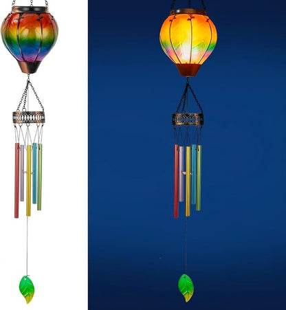 Starsoul Solar Wind Chimes for Outside, Colourful Hot Air Balloon with Flickering Flame Solar Wind Chime, Glass Windchimes Outdoors Garden Decor, Gift for Mother's Day Mom Grandma