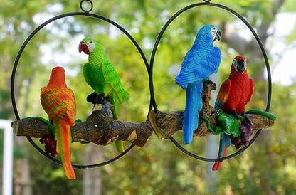 Mini Garden Statues Hanging Iron Ring Parrots, Resin Parrot Hanging Statue, Hanging Birds Figurine for Pathways Yard Patio Office Home Indoor Outdoor Tree Decorations (E)