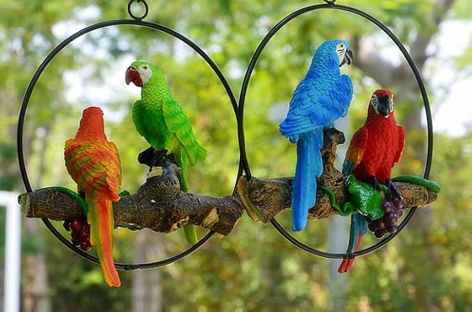 Mini Garden Statues Hanging Iron Ring Parrots, Resin Parrot Hanging Statue, Hanging Birds Figurine for Pathways Yard Patio Office Home Indoor Outdoor Tree Decorations (C-1)