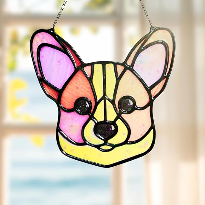 Corgi Dog Handmade Resin Suncatchers, Artisan Boho Sun Catcher Stained Glass Effect Window Hanging Garden Decor, Gift for Mother's Day Mom Grandma Wife Women