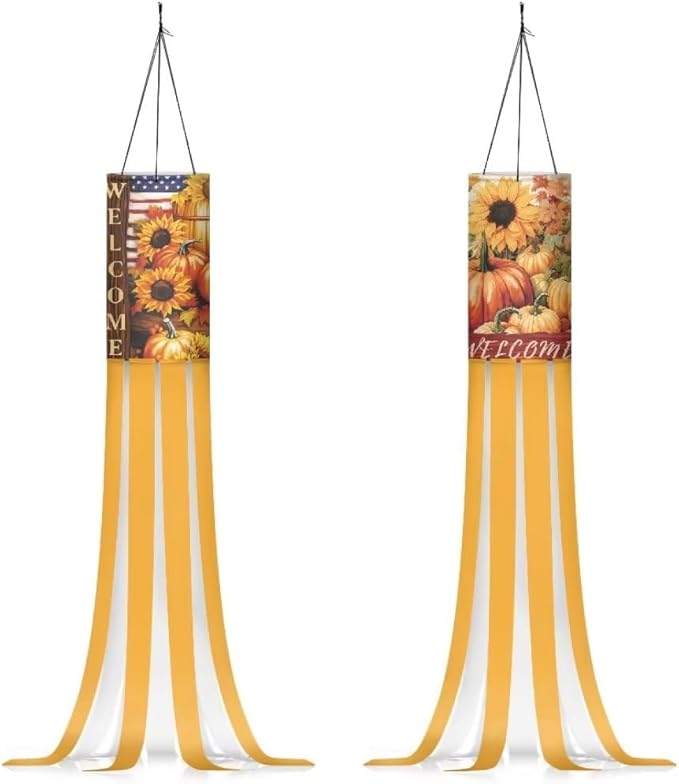 Jeiento 2pcs Welcome Fall Windsock Flag 40" Thanksgiving Wind Socks for Outside Pumpkin Yellow Sunflower Garden Windsock for Trees Balcony Porch Patio Lawn Home Holiday Outside Decorations