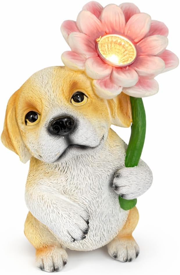 GoGnome Solar Dog Garden Statue with LED Flower – Hand-Painted Resin Puppy Figurine, Solar Powered Outdoor Garden Decor, Auto On/Off Yard Light Gift (Puppy)