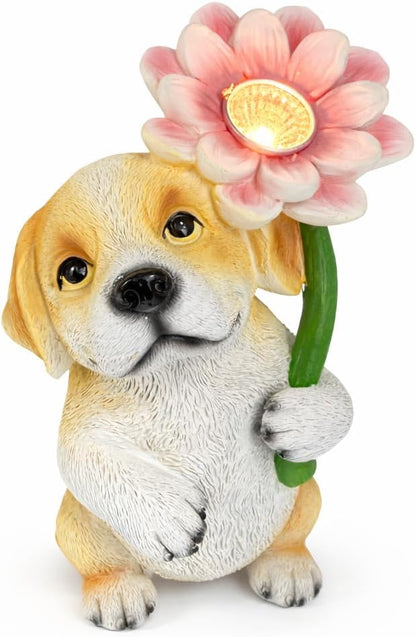 GoGnome Solar Dog Garden Statue with LED Flower – Hand-Painted Resin Puppy Figurine, Solar Powered Outdoor Garden Decor, Auto On/Off Yard Light Gift (Puppy)