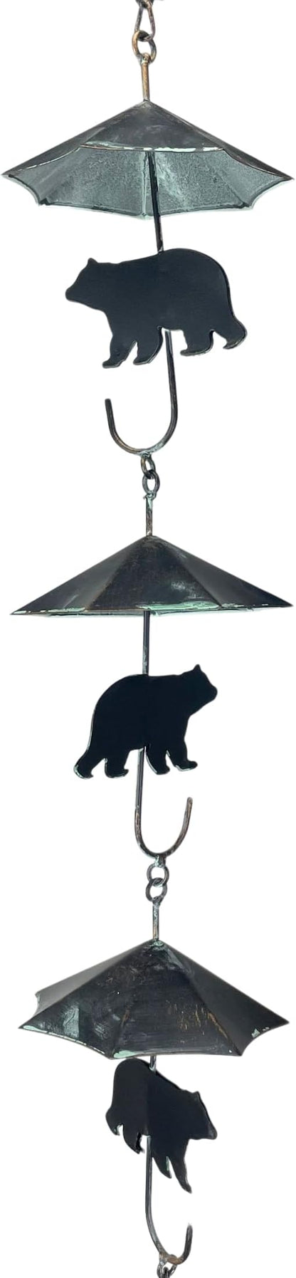 Verdigris Umbrella & Black Bear Rain Chain - 75 inches Long with 10 3D Designs, Weighted Bell for Wind Chime Sound - Eco-Friendly Water Collection or Downspout Replacement