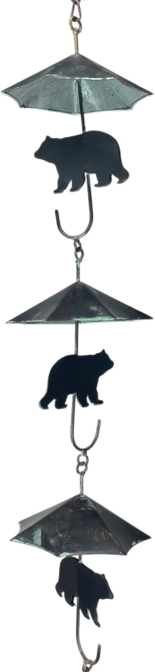 Verdigris Umbrella & Black Bear Rain Chain - 75 inches Long with 10 3D Designs, Weighted Bell for Wind Chime Sound - Eco-Friendly Water Collection or Downspout Replacement