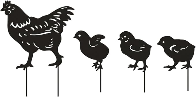 4 Pack Chicken Garden Decorative Stake Metal Chicken Statues Hen and Chicks Silhouette for Yard Outdoor Lawn Patios Garden Decoration