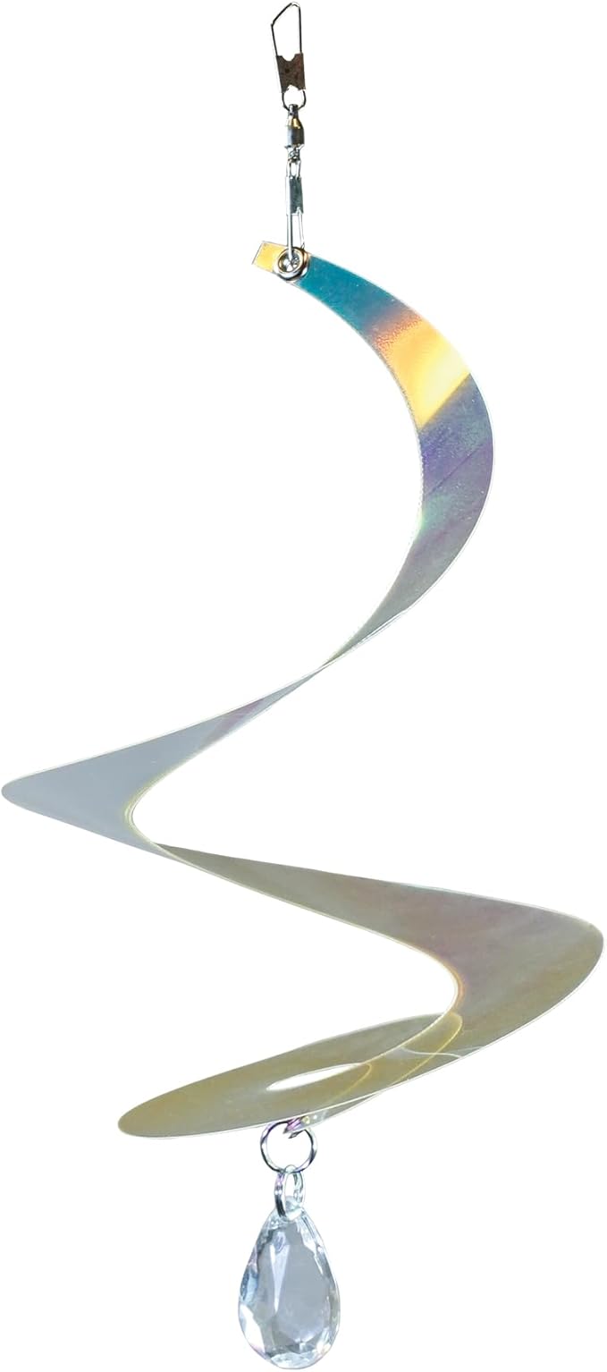 In the Breeze 9154 — 8-inch Iridescent Tear Drop Curlie with Crystal Spinner — Suncatcher Wind Spinner for Yards and Gardens with Plastic Crystal, Humane Animal Deterrent…