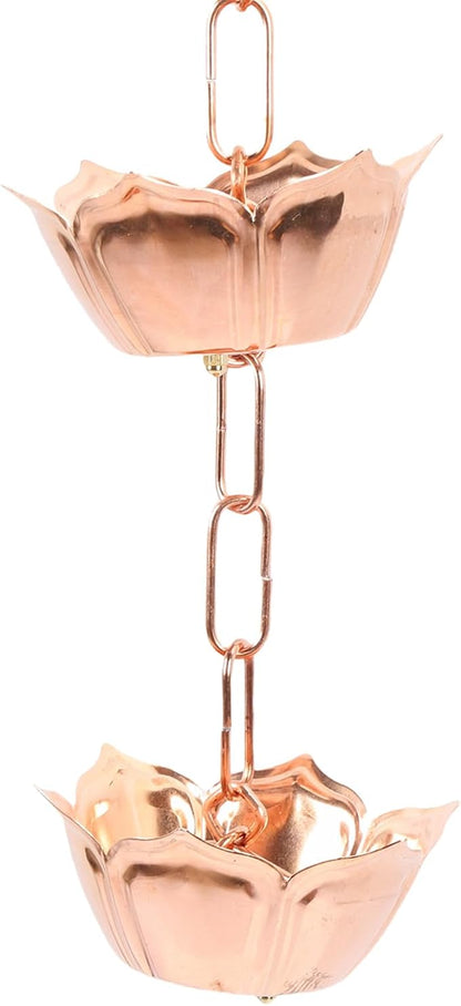 Copper Rain Chain, 3.28FT Floral Design Rain Catcher Chain for Gutters with Adjustable Length, Rust Decorative Replacement for Downspouts (Flower Shaped)