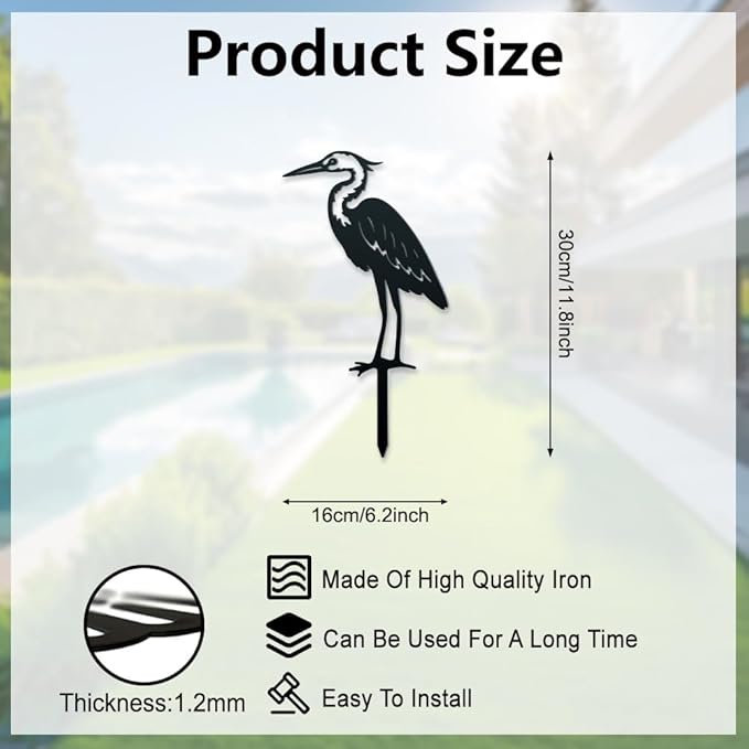 WADORN Heron Metal Decorative Garden Stakes, Funny Heron Metal Outdoor Statues Heron Garden Birds Statue Metal Bird Yard Art Sculpture Funny Bird Ornament Gifts for Garden Backyard Patio Walkways