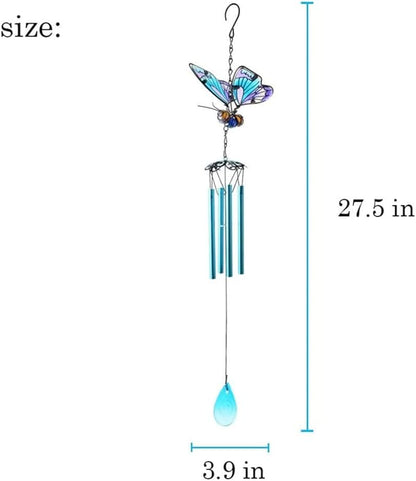 Butterfly Wind Chimes, AVEKI 27.5''H Iron Stained Glass Butterfly Wind Chimes Gifts for Mom Outdoor/Indoor Wind Chimes for Home, Garden, Window, Yard, Patio, Lawn Decoration (Blue)