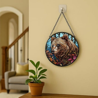 Stained Glass Window Hanging Bear with Leaves， 7.8in Sun Catchers Panel for Indoor Decorative Display for Mom， Wife， Lovers， Festive