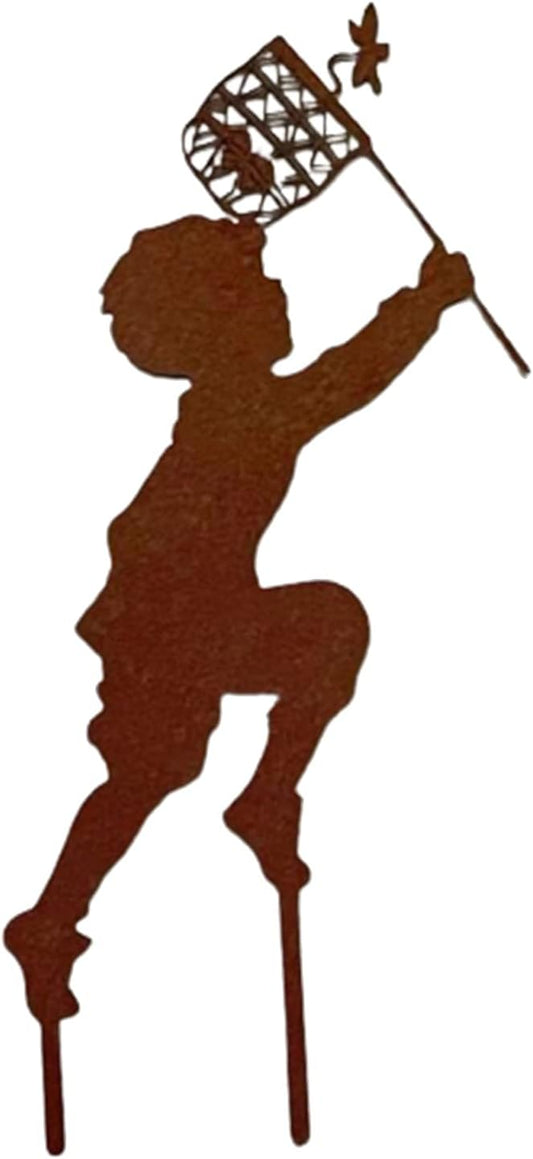 Iron Children Chasing Butterfly Statues Rustic Kids Silhouette Garden Yard Stakes Art Patio Porch Lawn Ornaments (Boy)