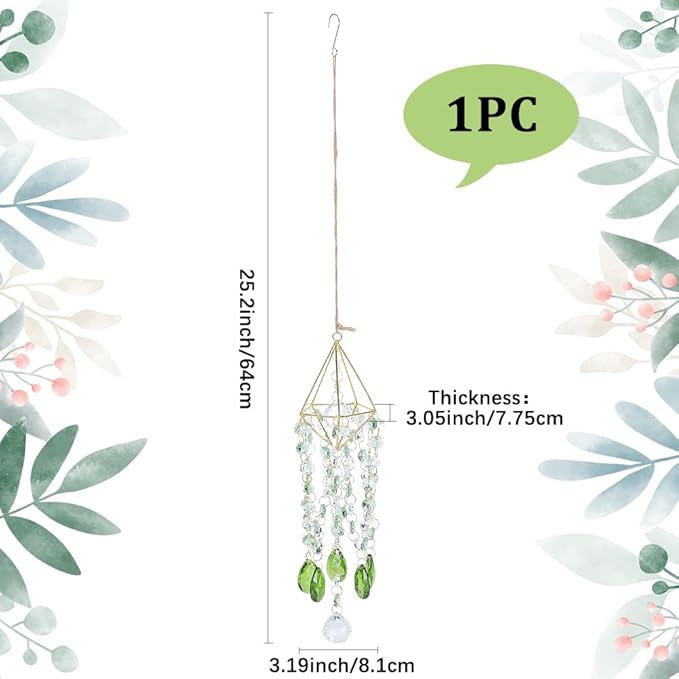 21.2In Crystal Wind Chimes Suncatcher Large Green Prism Sun Catcher Glass Octagonal Bead Chains Rainbow Maker Prisms Wind Chime for Window Hanging Ornament Home Garden Decor Indoor Outdoor