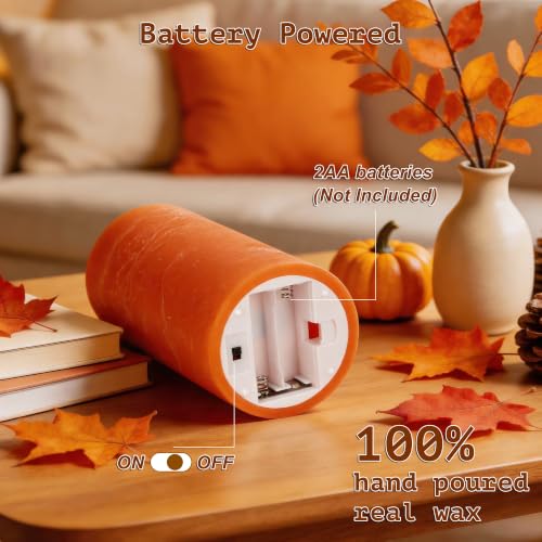 Orange Flameless Pillar Candles - Remote Control, Fall Decor