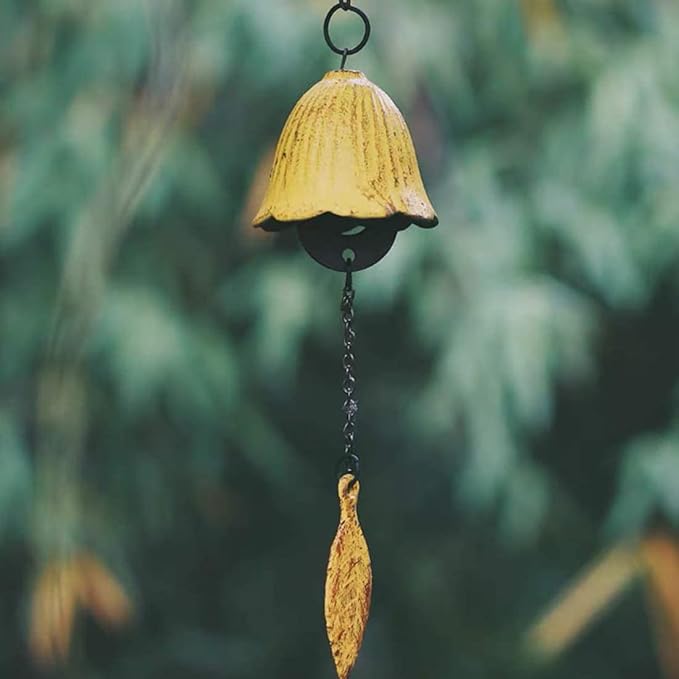 Set of 2, Japanese Traditional Lucky Small Wind Chimes for Outside, Iwachu Cast Iron Bless Temple Wind Bell Memorial Wind Chimes Indoor Garden Bell, Patio, Balcony ((Yellow Leaf and Pinecone)