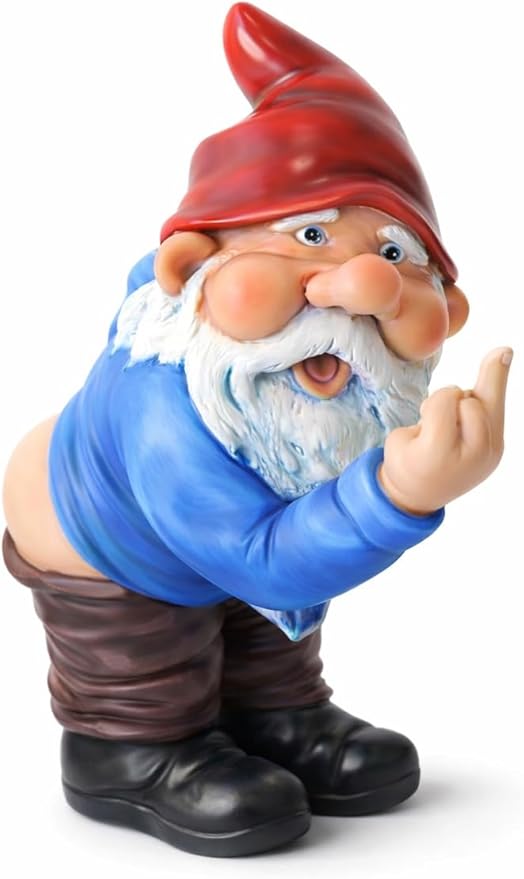Funny Garden Gnome Statue – Cheeky Outdoor Yard Decor with Raised Finger – Resin Lawn Ornament for Patio, Garden, Desk & Man Cave Gift