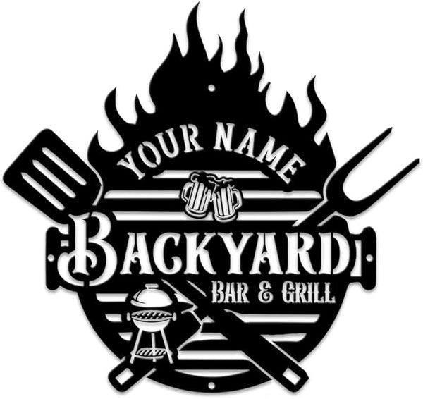 MeMate Backyard Sign and Decor Outdoor, Customized Backyard Bar and Grill Metal Sign, Personalized Outdoor Metal Signs, Large Plaque Wall Hanging Art for Patio, Men Caves, Restaurants