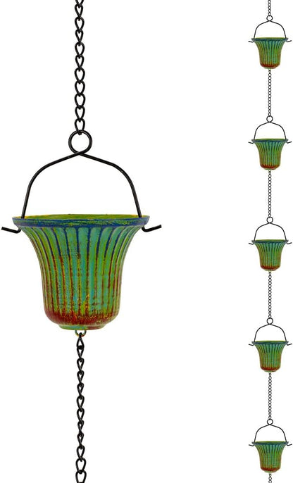 10ft Rain Chains for Outside, 12-Cup Rain Chain Replacement Downspout for Gutters,Eaves, Drainage, Adjustable Length(Green & Yellow)