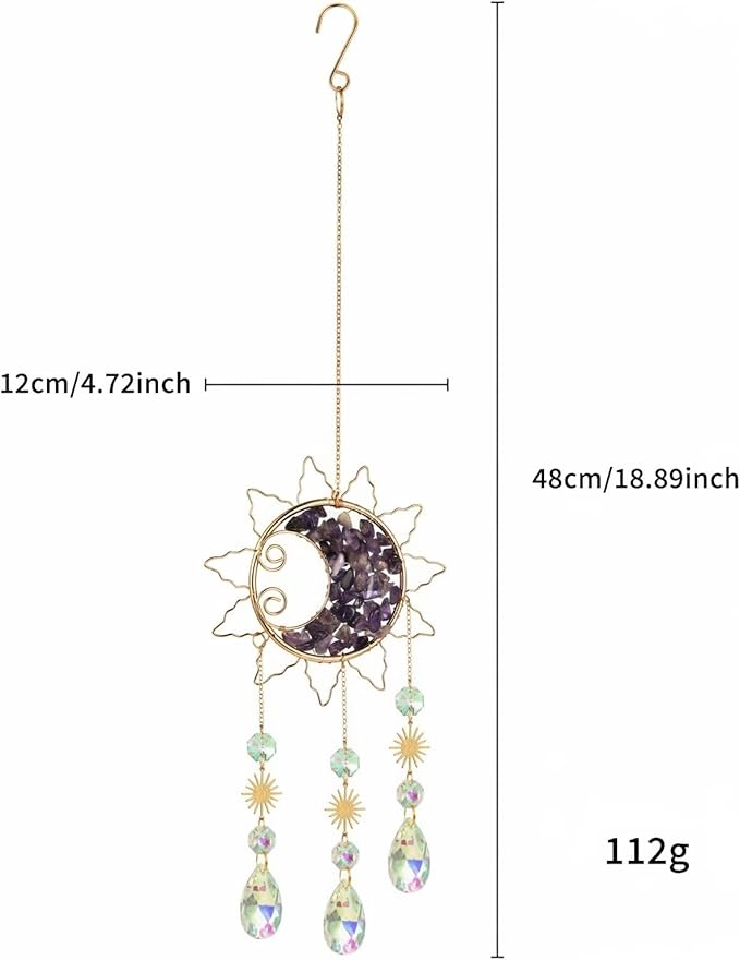 Sun & Crescent Crystal Suncatcher, Crystal Hanging Prism, Rainbow Makers, Housewarming Gift, Garden Decoration, Window Ornament (Purple)