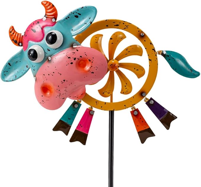 Oak & Lore Metal Cow Wind Spinners Outdoor Yard Cattle Wind Sculptures & Spinners with Stakes Waterproof Art for Patio, Lawn, Backyard Garden Decor