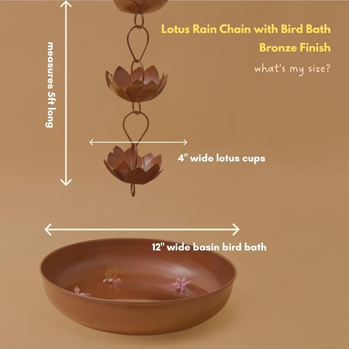 Gold & Garden Rain Chain with Bird Bath, Rain Chains for Gutters, Rain Chimes for Outside, Iron Lotus Rain Chain with Bronze Finish, Rust Proof Rain Chain, 5 feet Long, 12 Inch Wide Basin