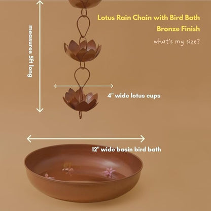 Gold & Garden Rain Chain with Bird Bath, Rain Chains for Gutters, Rain Chimes for Outside, Iron Lotus Rain Chain with Bronze Finish, Rust Proof Rain Chain, 5 feet Long, 12 Inch Wide Basin