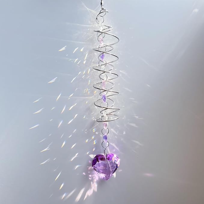 Big Heart Crystal Sun Catchers for Windows Hanging, Double-Spiral Design Gazing Ball Spiral Tail, Rainbow Maker Prism, Sun Catchers Indoor Window for Kitchen, Patio, Porch, Garden(Purple)