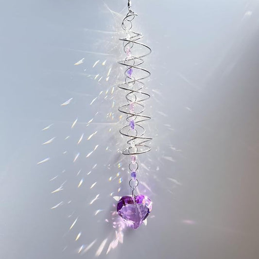 Big Heart Crystal Sun Catchers for Windows Hanging, Double-Spiral Design Gazing Ball Spiral Tail, Rainbow Maker Prism, Sun Catchers Indoor Window for Kitchen, Patio, Porch, Garden(Purple)