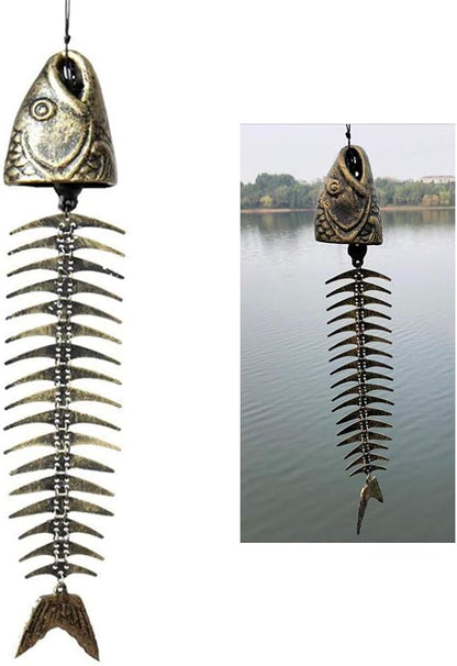 Fish Windchime,Fish Skeleton Windchime,Fish Bone Cast Iron Wind Chimes Vintage Metal Wind Chimes Outdoor Soothing Melody for Garden Home Yard Porch Hanging Decor (Bronze)